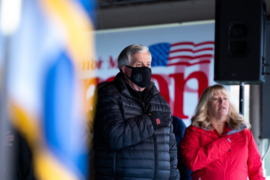 Gov. Mike Parson addressed supporters at a campaign stop Tuesday, Oct. 27, 2020, at Arnold City Park in Jefferson County. The Bolivar, Missouri, Republican is running to retain his seat as governor against Auditor Nicole Galloway, a Democrat.