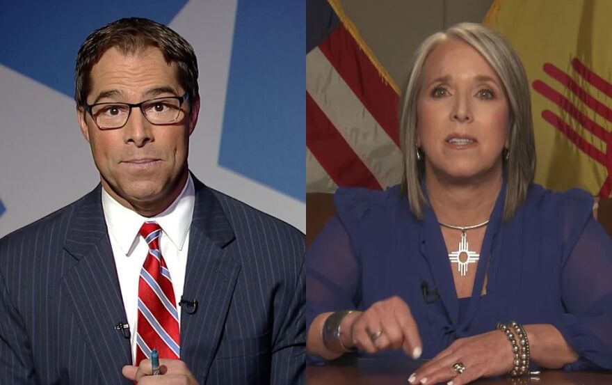 Gov. Michelle Lujan Grisham and Republican challenge Mark Ronchetti will hold their first debate Friday, Sept. 30, ahead of the November election. Photos feature Mark Ronchetti at a 2020 U.S. Senate race debate and Gov. Michelle Lujan Grisham at her 2022 State of the State address.