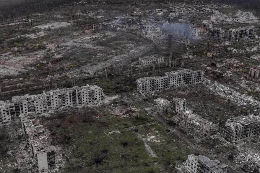 An aerial view of Chasiv Yar shows the frontline city in ruins after heavy fighting between Russian and Ukrainian forces for over a year, Donetsk Region, Ukraine, Nov. 11, 2024. (AP Photo/File)