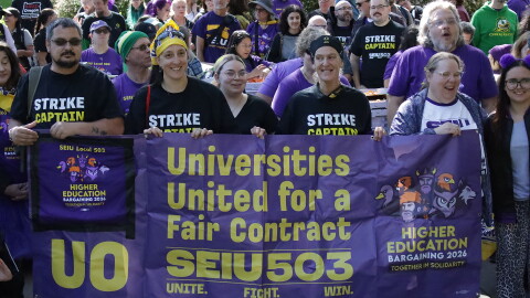 SEIU 503 workers rally at the University of Oregon to celebrate a tentative new contract on Sept. 28, 2026.