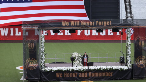 FDNY commissioner Lillian Bonsignore speaks during a memorial to commemorate the 25th anniversary of the 9/11 attacks, Wednesday, Sept. 9, 2026, in the Staten Island borough of New York. 