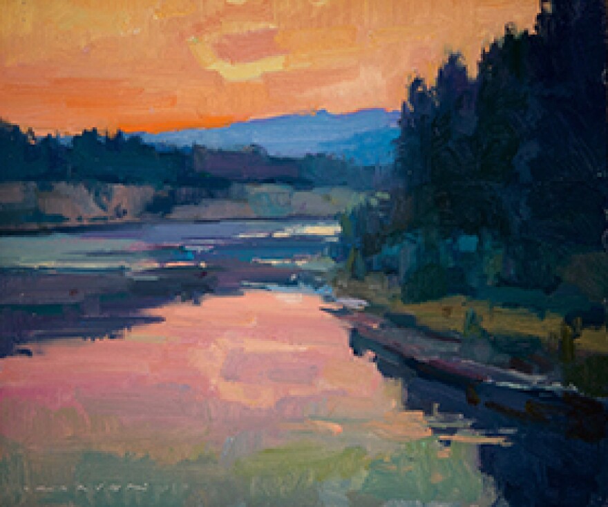 Jill Carver, September Sunset on the Flathead. Oil on canvas, 10x75.