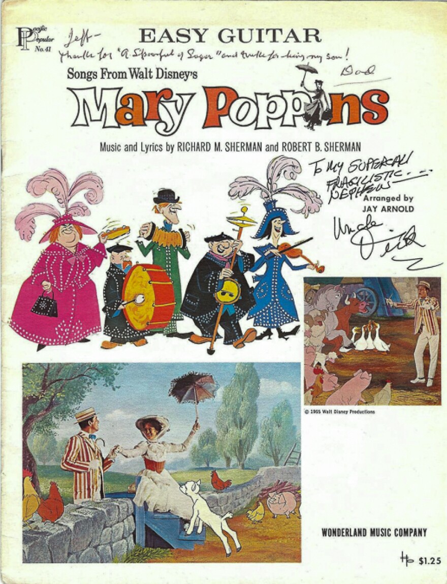 Mary Poppins memorabilia from Jeffrey Sherman's childhood, with special dedication from the Sherman Brothers. Robert Sherman's dedication reads, "Jeff --Thanks for 'A Spoonful of Sugar' and thanks for being my son! Dad."