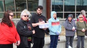 Kenaitze Indian Tribal Council Chair Bernadine Atchison (second from left) speaks to attendees at a vigil observing Missing and Murdered Indigenous Peoples' Day on Tuesday, May 5, 2026 in Kenai, Alaska.