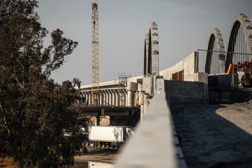 Construction on the high-speed rail project over a ramp above Highway 99 in south Fresno on March 3, 2023.