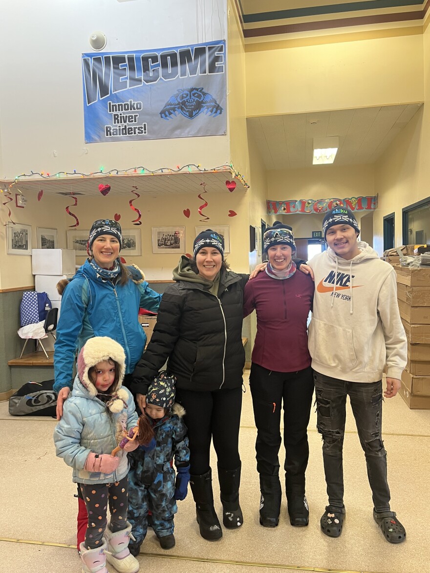 Justin River Lechton (far right), Sonta Hamilton Roach (second from left) and Skiku coaches in Shageluk in February 2026.