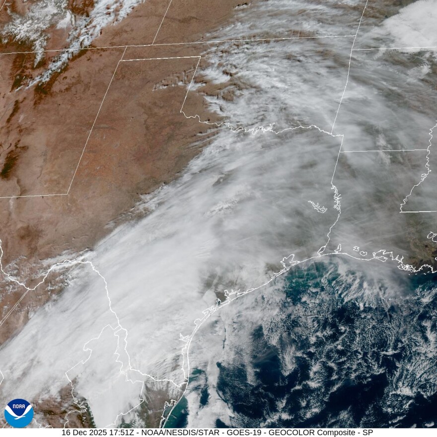 NOAA satellite image on Dec. 16, 2025 shows clouds covering eastern two-thirds of Texas