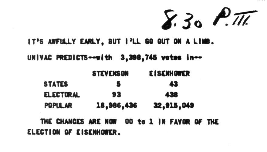 A printout of the UNIVAC prediction of the 1952 presidential prediction.