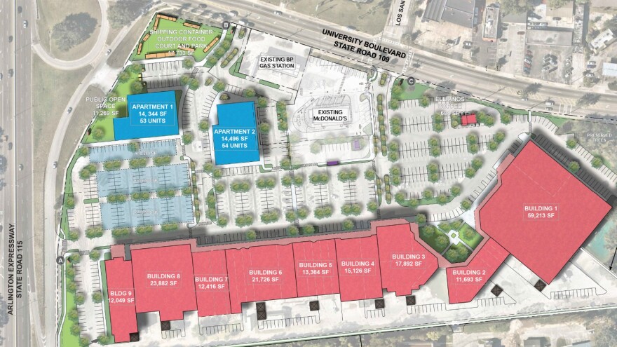 The site plan for College Park shows the existing shopping center buildings in red.