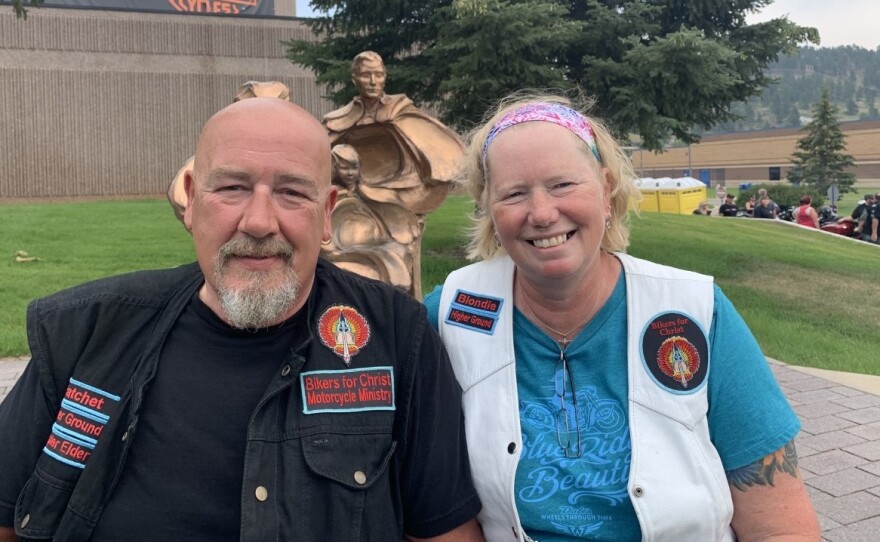 Shawn "Hatchet" and Jenny "Blondie" McKinney are members of Bikers for Christ in Indiana. Shawn, who is attending his third rally, wanted his wife to experience Sturgis for her first time. Neither has been vaccinated.