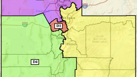 Drawing of the proposed four districts for Map 1. District 1 is over Salt Lake County, District 2 over northern Utah, District 3 over east and southern Utah, and District 4 over central-west Utah.