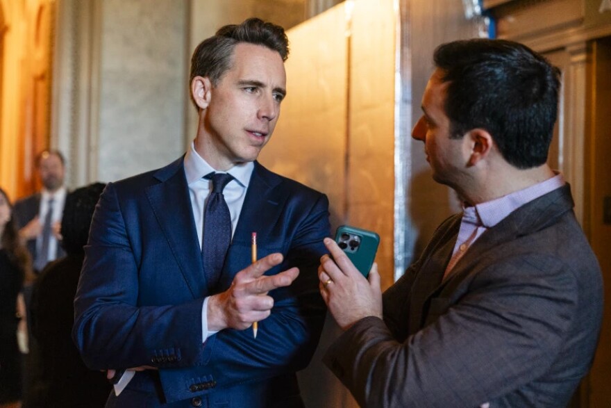 U.S. Sen. Josh Hawley, R-Missouri, speaks to reporters outside the Senate chambers in April 2024, at the U.S. Capitol in Washington, D.C.
