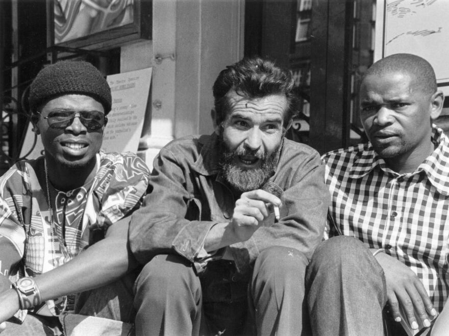 Fugard sits with South African actors John Kani (left) and Winston Ntshona at the Royal Court Theatre, where they staged <em>Sizwe Bansi Is Dead</em> in September 1973.
