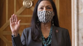 Rep. Deb Haaland, D-N.M., is sworn in before her Senate confirmation hearing to be interior secretary last month. Her confirmation makes her the United States' first Native American Cabinet secretary.