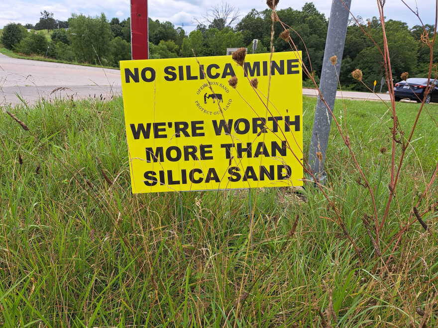 Signs lining Highway 32 protest a proposed silica mine that would span 249 acres in Ste. Genevieve County, Missouri. Locals worry about the mine’s health implications on the community and environment.