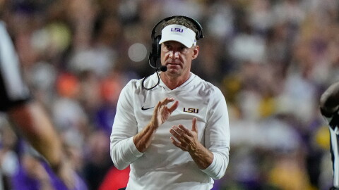 LSU head coach Lane Kiffin reacts in the first half of an NCAA college football game against Clemson, Saturday, Sept. 5, 2026 in Baton Rouge, La. (AP Photo/Gerald Herbert)