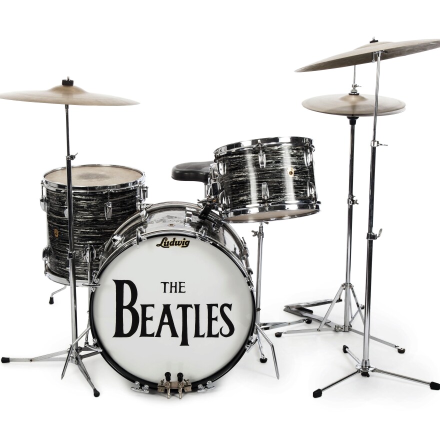 This undated photo provided by Julien's Auctions shows Beatle Ringo Starr's first 1963 Ludwig Oyster black pearl three-piece drum kit — one of the items up for bid.