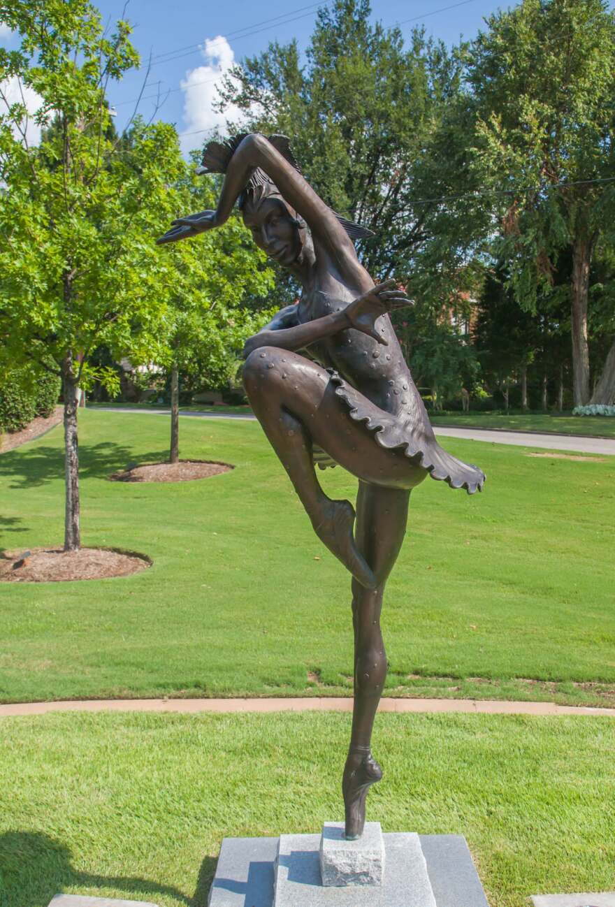 The statue of Marjorie Tallchief outside the Tulsa Historical Society, before it was cut down and stolen.