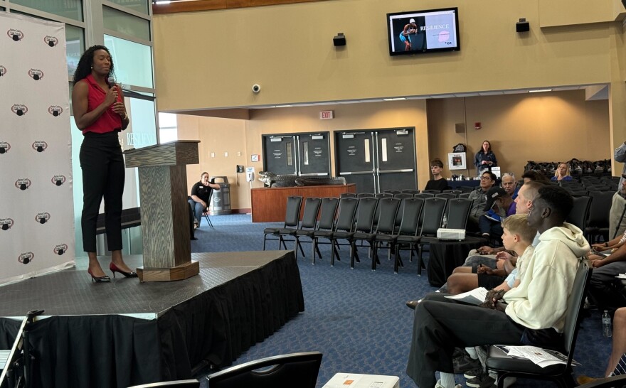 Natalie Hinds (left) sees the crowd focused as she begins her presentation on resilience.