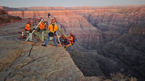 Personnel from Mohave County Sheriff's Office Search and Rescue recover the body of a 65-year-old man who slipped and fell 130 feet to his death in the western Grand Canyon on the Hualapai Nation on Nov. 6, 2025.