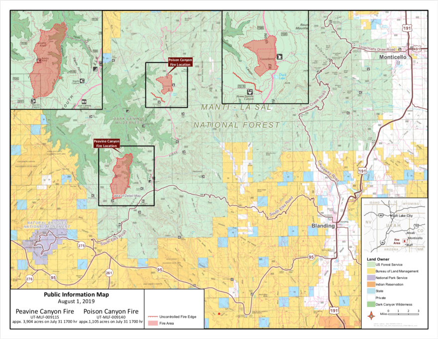 Map of southeast Utah shows two red areas that represent the fires. According to map key, both fires appear to be about three miles long and two miles wide.