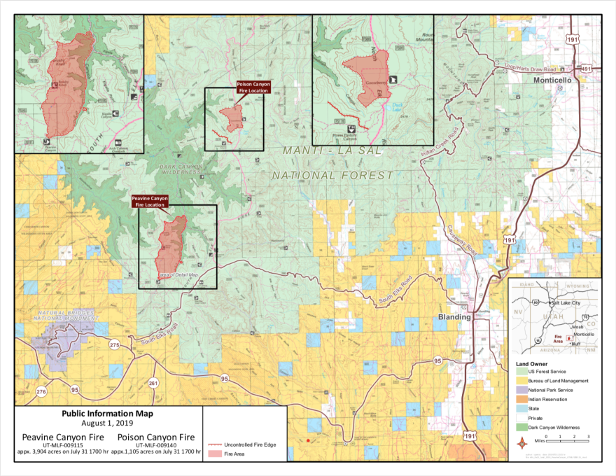 Map of southeast Utah shows two red areas that represent the fires. According to map key, both fires appear to be about three miles long and two miles wide. 