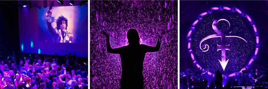 (Left) Guests dance to Prince songs during a memorial dance party at the First Avenue nightclub in Minneapolis, Minn., on April 21, 2016. (Center) A woman visits the "Rain Room" exhibition at the Los Angeles County Museum of Art in Los Angeles on April 22, 2016. (Right) Prince's iconic symbol is displayed before French singer Michel Polnareff's concert in Epernay, France, on April 30, 2016.