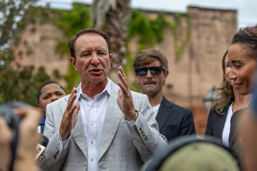 Gov. Jeff Landry and SpaceX representatives talk to reporters following the SpaceX announcement in downtown Abbeville, Louisiana, on Tuesday, August 25, 2026. 
