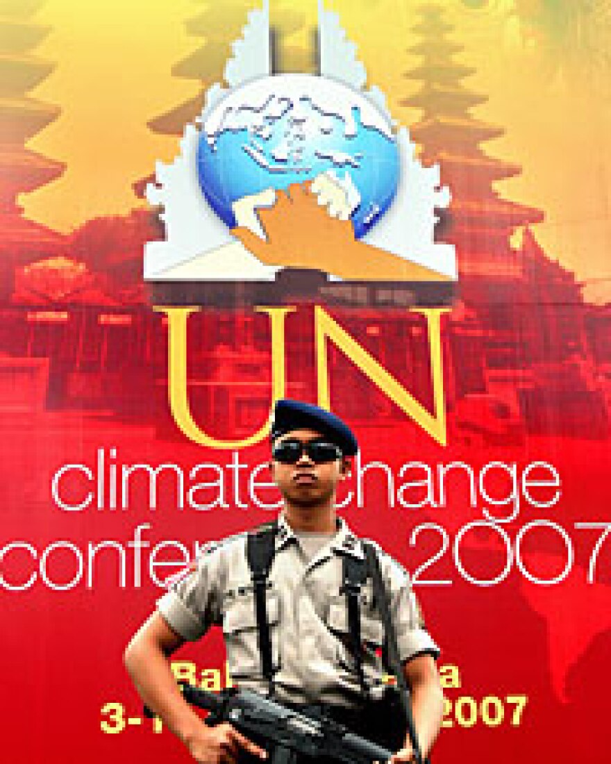 An Indonesian policeman stands guard near the U.N. Climate Change Conference 2007 in Bali.