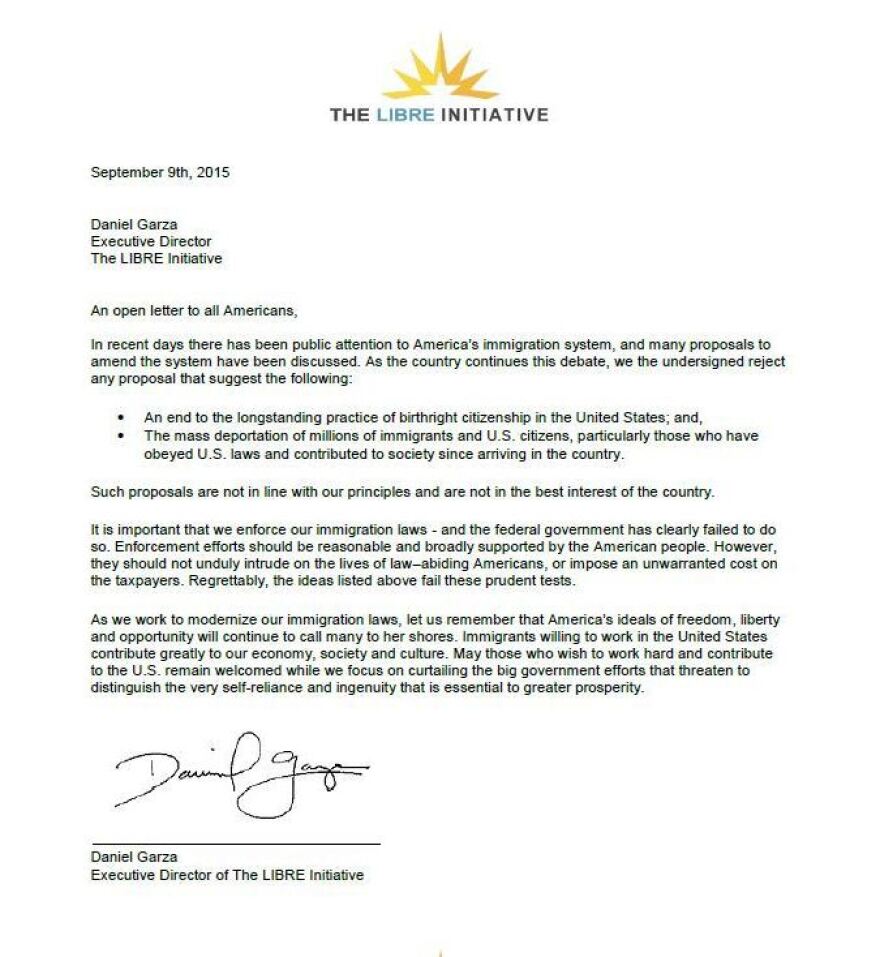 An open letter on immigration from conservative Latino group The Libre Initiative.