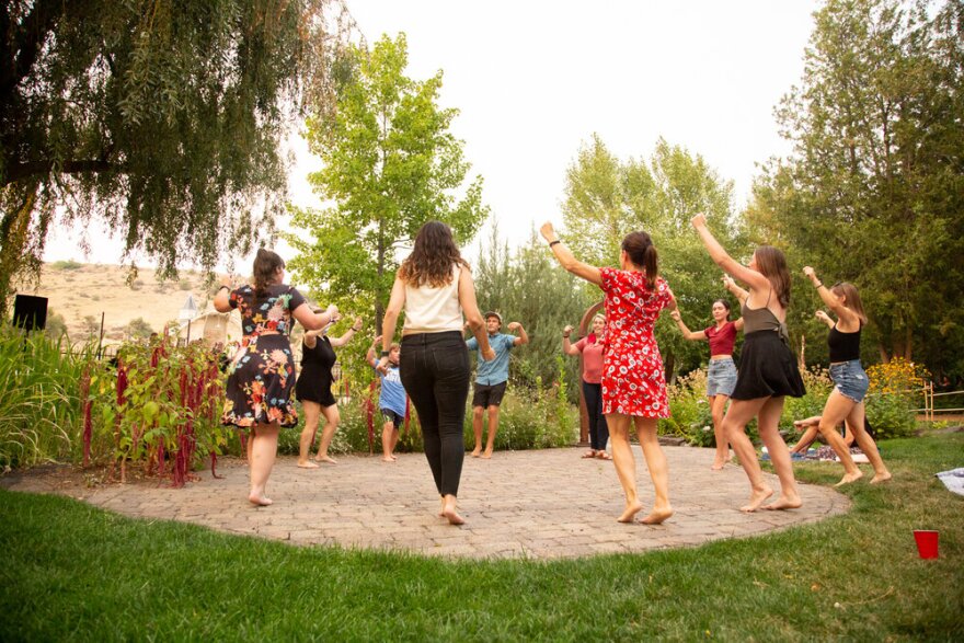 Oinkari Dancers in attendance at the Idaho Botanical Gardens performance of Amuma Says No danced to modernized Basque songs.