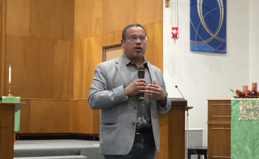 Minnesota Attorney General Keith Ellison highlights recent action his office has taken against the Trump administration at a community forum in Bemidji's United Methodist Church on Oct. 7, 2025.
