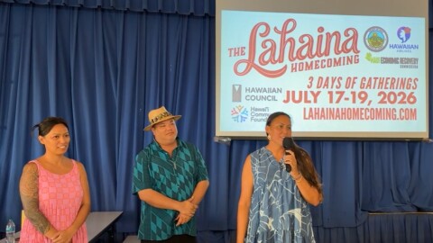 Left to right, Economic Recovery Commission Healing Journey Team members Courtney Lazo, Daryl Fujiwara and Mikey Burke, of Lahaina, share details about Lahaina Homecoming at a July 1 community meeting.