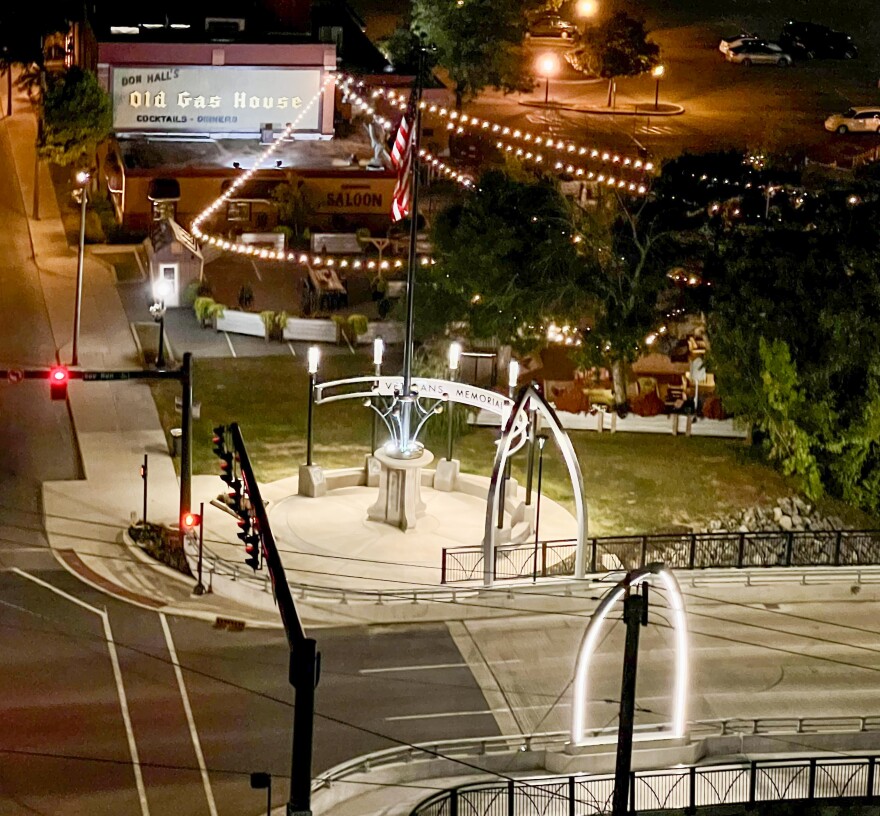 The newly-christened Veterans Memorial Bridge now lights the way out of downtown Fort Wayne.