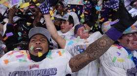 TCU players celebrate their win over Southern California in the Alamo Bowl NCAA college football game in San Antonio, Tuesday, Dec. 30, 2025.