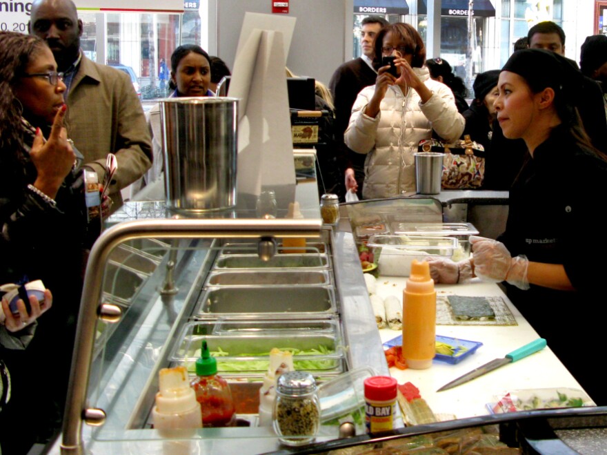 The new upscale Walgreens has a sushi bar, seen above, in addition to a bakery, coffee bar, juice bar, frozen yogurt stand and specialty cheese counter.