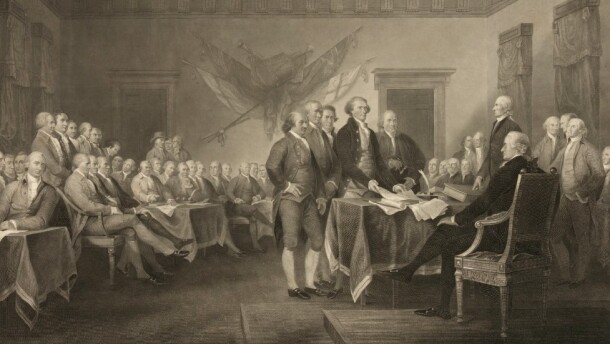 This image shows an 1876 engraving titled "Declaration of Independence, July 4th, 1776" made available by the Library of Congress. On that day, the Continental Congress formally endorsed the Declaration of Independence.