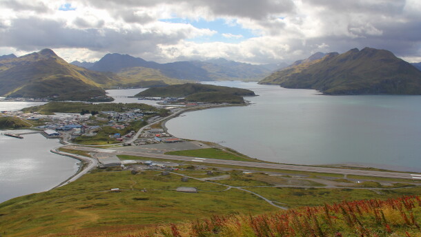 The City of Unalaska faces significant infrastructure challenges. The airport's 4,500 foot runway, seen in the foreground here in September 2022, is constrained by water and mountains, making expanding it a challenge.