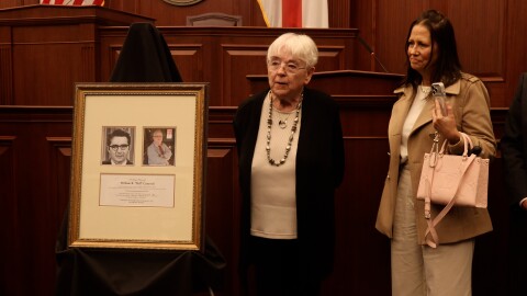 Cynthia Fuller, Cotterell's wife, speaks at the plaque dedicated to him on the floor of the Florida Senate on December 8th, 2025.