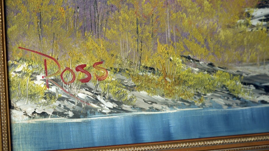 "A Walk in the Woods," the first painting Bob Ross produced for hic iconic show “The Joy of Painting,” sits on display at the home of Modern Artifact owner Ryan Nelson, Tuesday, Sept. 19, 2023, in Wayzata, Minn. Ross was known for his unpretentious approach to painting on his long-running show, “The Joy of Painting,” but now the painting he completed on his first show in 1983 is for sale for nearly $10 million. Minneapolis gallery owner Ryan Nelson calls it the "rookie card" for Ross.