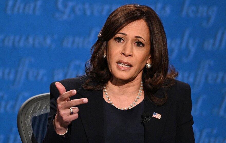 Sen. Kamala Harris, D-Calif., speaks during Wednesday's debate. She accused the president of covering up information about the coronavirus when he was briefed in January and argued that he still didn't have a plan to combat the disease.