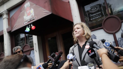 Dayton, Ohio, Mayor Nan Whaley speaks to members of the media Tuesday, Aug. 6, 2019, outside Ned Peppers bar in the Oregon District after a mass shooting that occurred early Sunday morning in Dayton