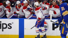 Montreal Canadiens right wing Josh Anderson (17) celebrates his goal during the second period in Game 5 of a second-round NHL hockey Stanley Cup playoff series against the Buffalo Sabres Thursday, May 14, 2026, in Buffalo, N.Y. (AP Photo/Jeffrey T. Barnes)