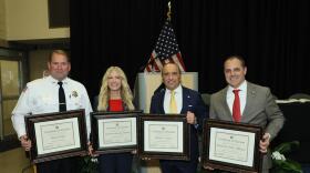 FREEHOLD, NJ – (L-R) Monmouth County Sheriff Shaun Golden, Monmouth County Clerk Christine Giordano Hanlon, Monmouth County Commissioner Director Thomas A. Arnone and Monmouth County Commissioner Deputy Director Dominick “Nick” DiRocco received their Certificate of Election during the County’s Organization ceremony on Jan. 6.