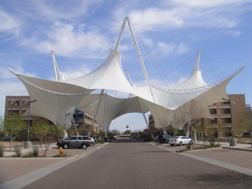 Shade sails help cool the SkySong development in Scottsdale, Ariz.