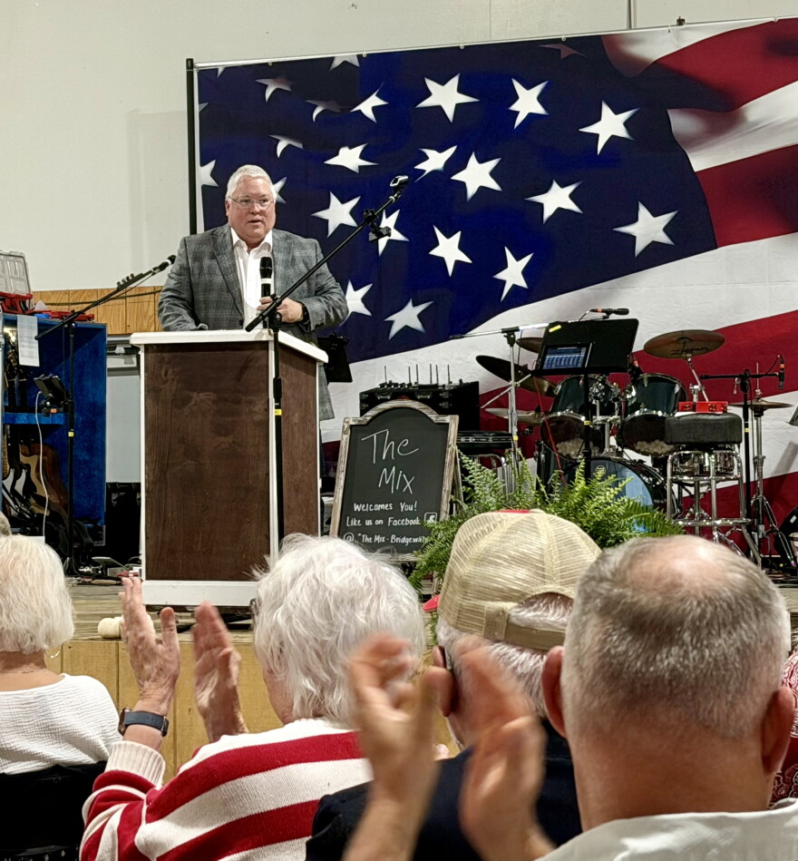 West Virginia Gov. Patrick Morrisey addresses the audience at the annual oysters with Obenshain fundraising event.