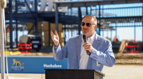 Northwest ISD Superintendent Mark Foust speaks during the "topping out" ceremony for the district's Justin Elementary replacement campus on Nov. 5, 2024.