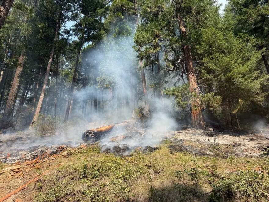 Smoke and smoldering in the Umpqua National Forest where the Castle Fire has grown to more than 1,700 acres.