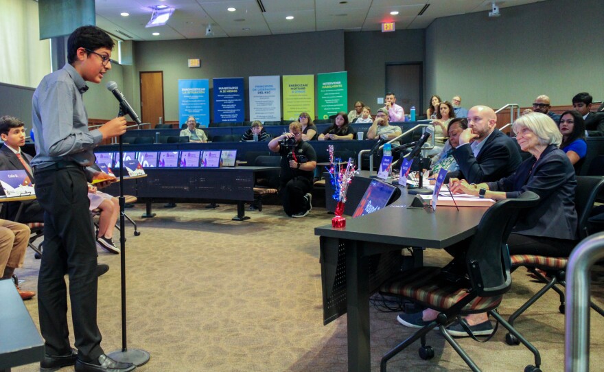 Vihaan Patodia of Robinson Middle School in Wichita presents his idea for reforming the city's transportation system. Patodia was one of five finalists at the Kansas championship civics bee.