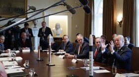 In this March 8, 2018, photo, President Donald Trump speaks during a cabinet meeting at the White House in Washington. Despite grappling with unparalleled staff departures, President Donald Trump painted a rosy picture of a smoothly functioning administration getting things done, pushing along gun restrictions and bringing jobs to the United States. (AP Photo/Evan Vucci)